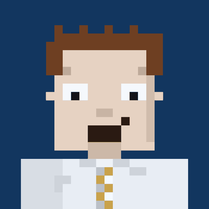 A pixel art portrait of a man with brown hair, fair skin, and an open mouth wearing a light-colored shirt, set against a dark blue background.