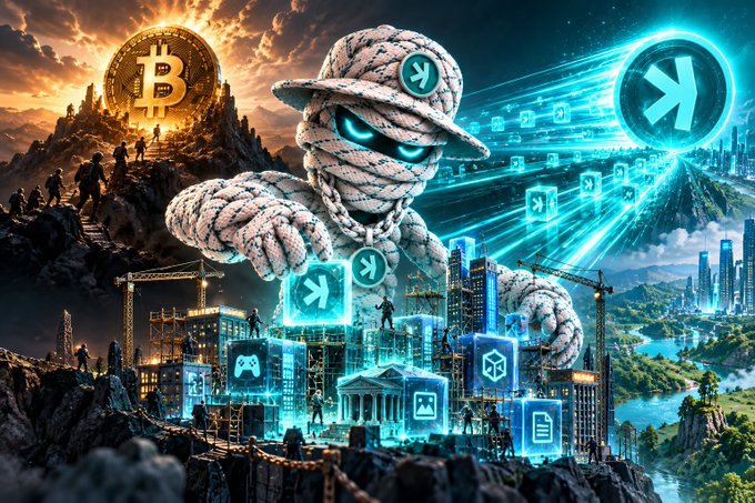 Digital art collage featuring a mummy-like figure with glowing cyan eyes wearing X logos, alongside Bitcoin imagery, crypto symbols, and cityscapes.