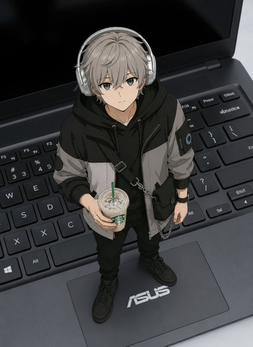 An anime-style character with silver hair and headphones holding a Starbucks coffee while standing on an ASUS laptop keyboard.
