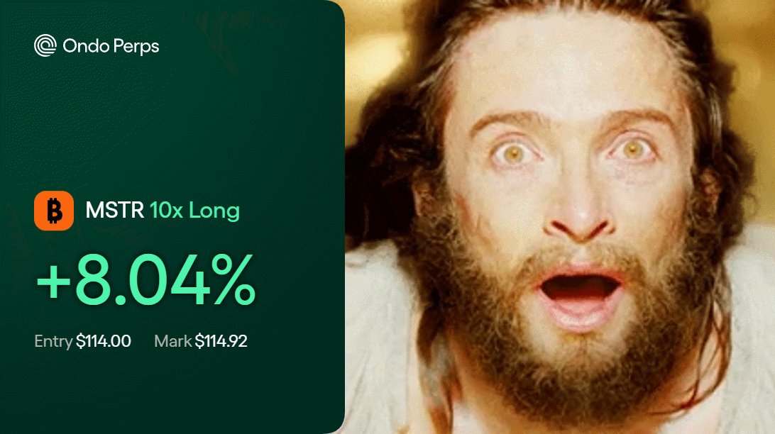 The image is a promotional post that shows an animated man's face, along with text about the stock market app called @OndoPerps, and details such as trade stocks & RWA. The main message in the image is "trade stocks & RWA on @OndoPerps app", indicating information about the stock trading application and its features for users to engage in the stock market activities through the app's interface.