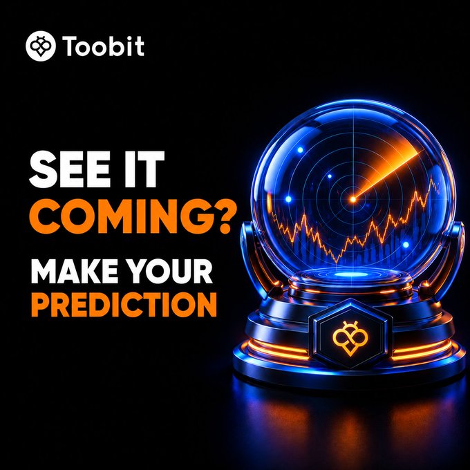 A promotional ad for Toobit's prediction market features the tagline "SEE IT COMING? MAKE YOUR PREDICTION" alongside a glowing futuristic radar/scope displaying an upward orange trend line, visually reinforcing the post's call for users to test their market-reading instincts and earn crypto rewards through predictions.