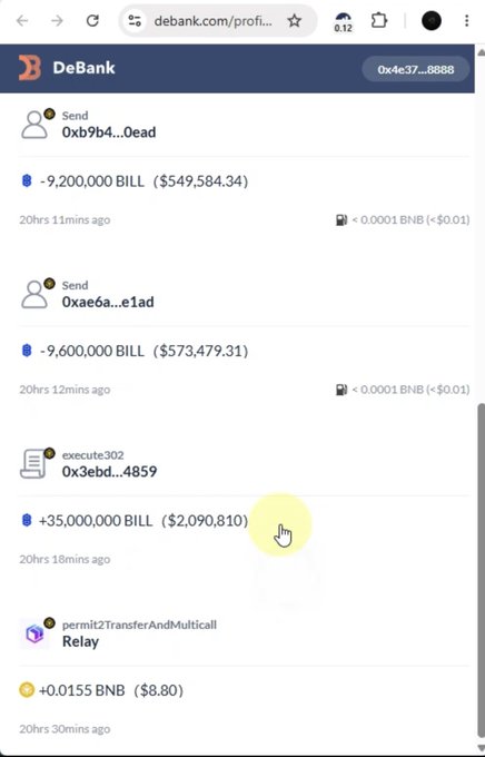 A DeBank wallet transaction history screenshot shows transfers of millions of BILL tokens (totaling over $2 million) sent to different addresses, with a cursor hovering over one transaction.
