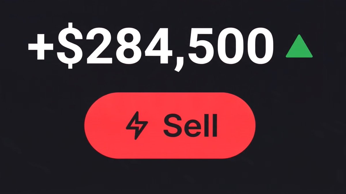 A black screen displaying '+$284,500' with a green up arrow above a red 'Sell' button with a lightning icon.