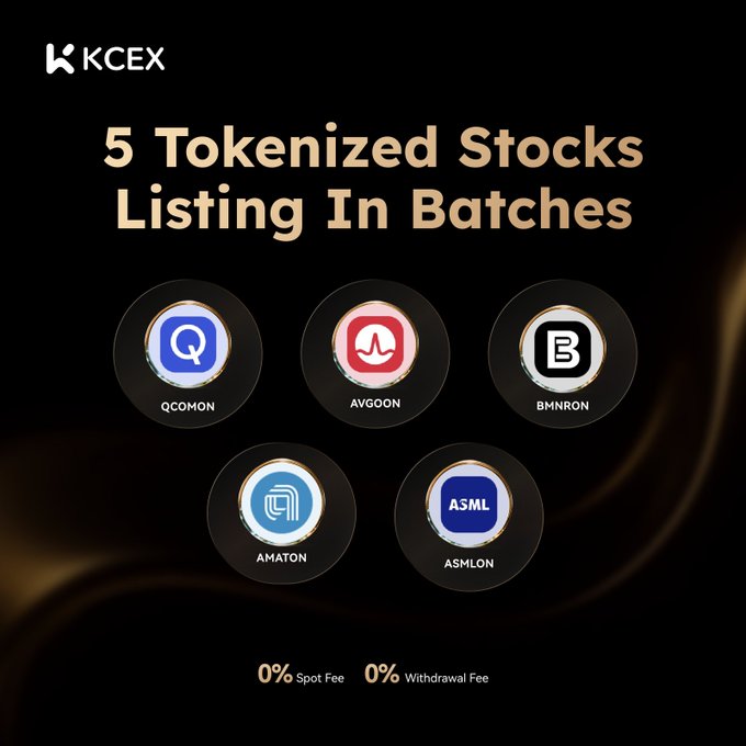 A promotional graphic from KCEX announcing '5 Tokenized Stocks Listing In Batches' featuring icons for QCOMON, AVGOON, BMNRON, AMATON, and ASMLON, with '0% Spot Fee' and '0% Withdrawal Fee' advertised.