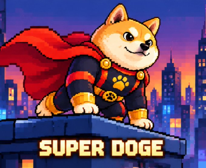 A pixel-art style illustration titled 'SUPER DOGE' depicts a Shiba Inu dog dressed as a superhero with a red cape, dark suit with gold paw print emblem, and gold gauntlets, posed heroically on a rooftop against a purple and orange cityscape at sunset.