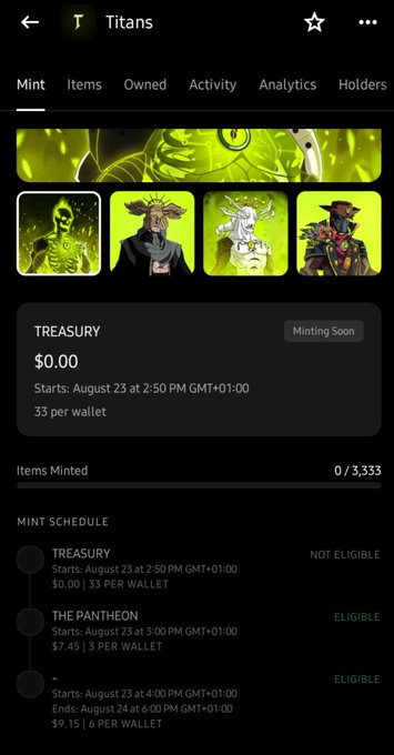 A mobile screenshot of the "Titans" NFT collection page showing a treasury of $0.00, 0/3,333 items minted, and a mint schedule with Treasury (Not Eligible), The Pantheon (Eligible at $7.45 per wallet), and a final $9.15 tier, directly reflecting the user's excitement about being eligible for the $7.45 Pantheon mint.