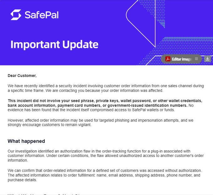 A "SafePal Important Update" notice informs customers of a security incident affecting order information from one sales channel, clarifying that seed phrases, private keys, and wallet credentials were not compromised—only order fulfillment details like names, emails, and shipping addresses were accessed without authorization.