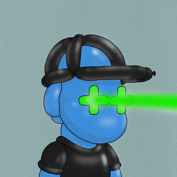 A 3D-rendered blue character wearing a black visor and shirt has bright green cross-shaped eyes that emit a glowing green laser beam.