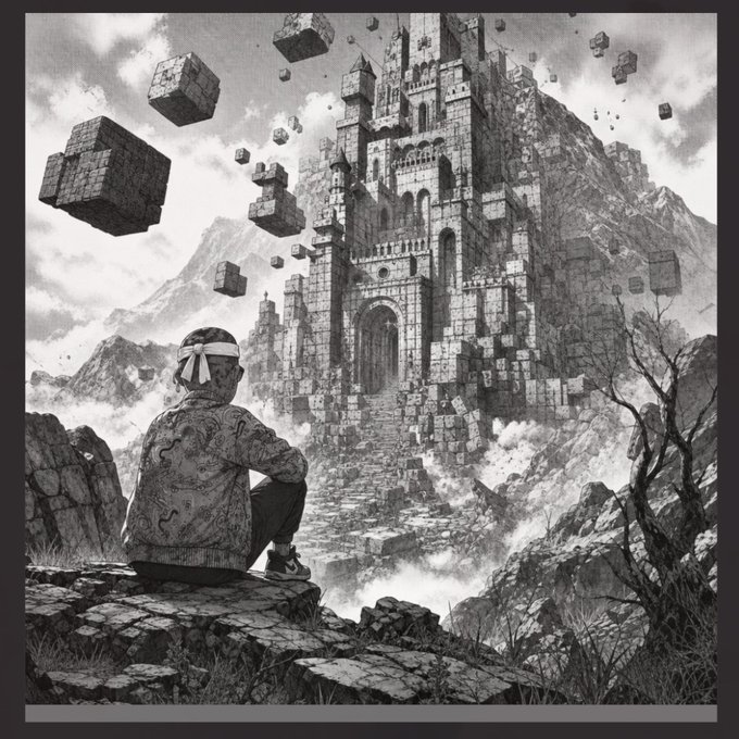 A black and white manga-style illustration showing a tattooed figure with a bandana sitting on a cliff edge, looking out at a massive floating castle and rocky landscape.