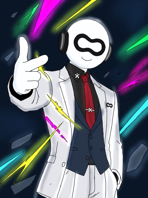 An animated character in a white suit and red tie wearing a white mask with a black infinity symbol, pointing forward with glowing neon streaks in the background.