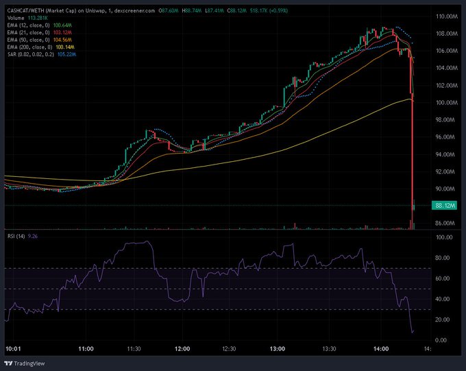 The image shows a TradingView chart of CASH•CAT/WETH market cap on Uniswap, displaying a dramatic price collapse from ~$107.4M to $88.72M (-17.41%) in the afternoon, with RSI plummeting to 9.26—visually confirming the sell-off referenced in the caption urging viewers to dump Cash Cat NFTs as the value crashes.