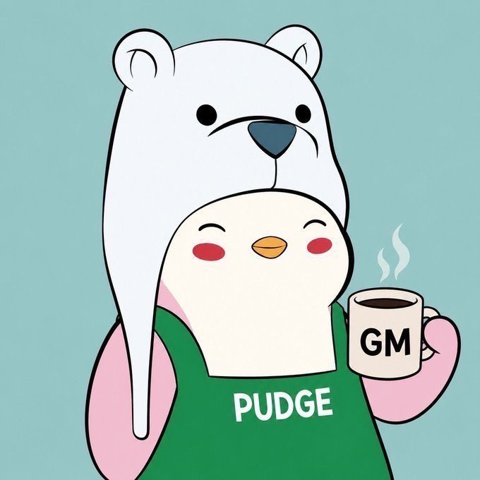 A cartoon mascot of a white bear and a penguin character wearing a green shirt labeled 'PUDGE' while holding a coffee mug marked 'GM'.