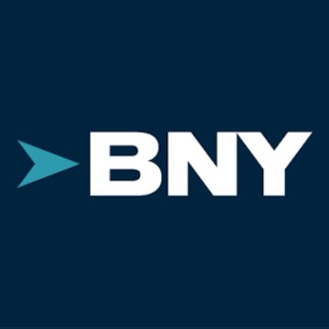 BNY (Bank of New York) logo in white text with a light blue arrow on a dark navy background.