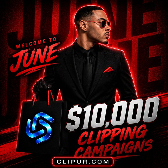 The image features a man dressed in a suit holding a shopping bag with a logo, which appears to be related to a clipping campaign. The background of the image has red text that reads "Welcome to June" and "Clipping campaigns". The man is standing against this backdrop, and there are two other people visible in the image as well.