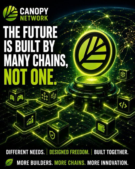 A promotional graphic for Canopy Network with the tagline 'THE FUTURE IS BUILT BY MANY CHAINS, NOT ONE' featuring a glowing green logo and interconnected blockchain cubes on a dark technological background.