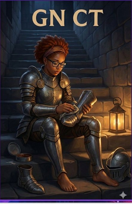 An illustration labeled 'GN CT' at the top depicts a dark-skinned knight with curly red hair and glasses sitting on stone steps, polishing armor with the letters 'STKR' visible on their chestplate, with a lantern, helmet, and shoe beside them.