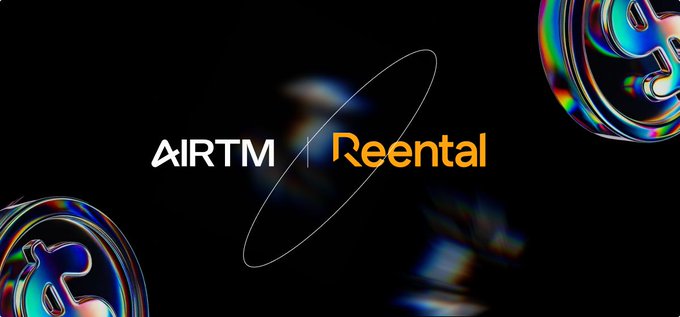 A promotional graphic showing the logos of 'AIRTM' and 'Reental' separated by a vertical line, with a small orbital ring graphic and colorful metallic sphere decorations on a black background.