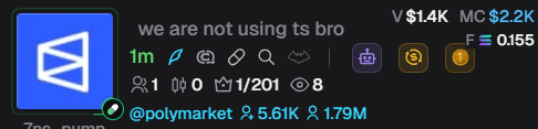 A screenshot from the pump.fun platform shows a token profile with the description "we are not using ts bro," featuring a "1m" chart symbol and the @polymarket handle with 5.61K and 1.79M metrics. The image illustrates the post's observation that users are launching tokens on pump.fun simply to broadcast their thoughts, using the platform as a makeshift social media feed rather than for actual trading purposes.
