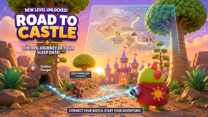A colorful RPG-style game advertisement titled 'ROAD TO CASTLE - NEW LEVEL UNLOCKED!', depicting a 3D-rendered scene with a small character, a green dragon-like creature, and a map showing locations like 'Metaroom', 'Discipline Dunes', and 'The Castle Gates'.