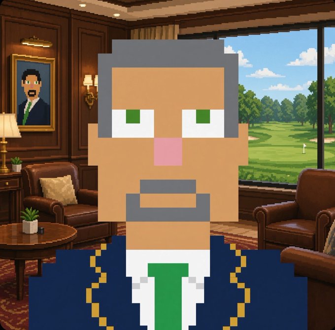 A pixel art portrait of a man with gray hair, green eyes, a pink nose, and a gray goatee, wearing a navy blue suit jacket with gold trim, white shirt, and green tie, set in a luxurious wood-paneled study with a portrait of a bearded man on the wall and a window overlooking a golf course.