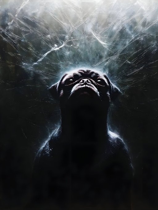 The image features a black dog with its head tilted upwards, looking directly at the camera. The background of the photo has a dark blue color, which contrasts with the dog's fur. There are also some white spider webs scattered throughout the scene, adding an element of mystery and intrigue to the overall composition.