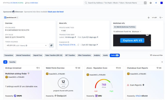 The image shows an online screenshot of a wallet dashboard, located on a webpage called "Explores API V". This dashboard provides information about the user's financial status and transactions, such as checking balances or viewing transaction history. The webpage also has other features like an ad page and a form for searching for similar products. In addition to this information, there is text associated with the image which seems to be related to the post titled "Just checked my wallet on BaseScan and got a solid  768 zScore from @zerufinance Minted my zPass NFT to claim it - clean onchain reputation signal that can help with Base ecosystem activity ... future airdrop farming". This description suggests that the image may be related to discussing or sharing information about managing finances, using digital wallets for transactions, and keeping track of various financial activities.
