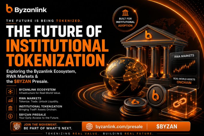 A promotional banner for 'Byzanlink' titled 'THE FUTURE OF INSTITUTIONAL TOKENIZATION,' advertising the $BYZAN presale and featuring text like 'Built for Institutional Adoption' and 'RWA Markets.'