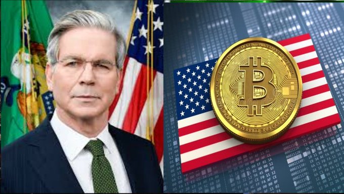 A split image showing Jerome Powell on the left in front of American flags, and a Bitcoin token on the American flag with stock market data in the background on the right.