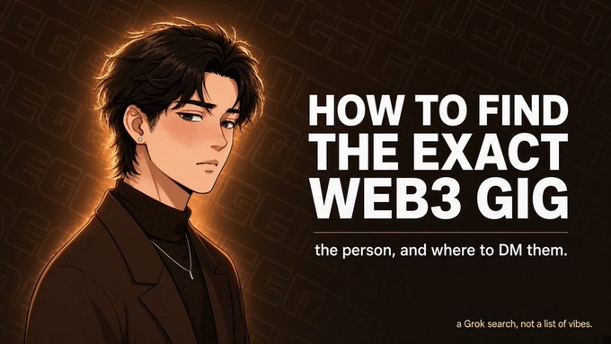 A graphic titled 'HOW TO FIND THE EXACT WEB3 GIG' featuring an anime-style young man in a dark turtleneck and coat, with the subtitle 'the person, and where to DM them' and 'a Grok search, not a list of vibes.' in the corner.