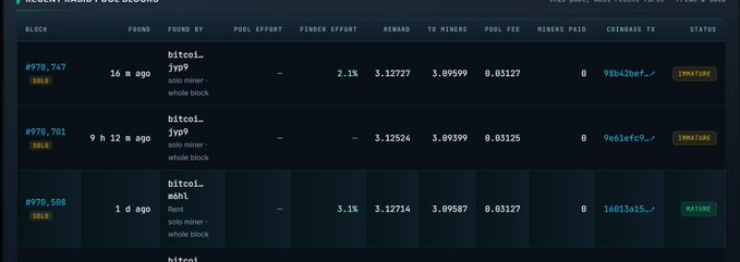 A screenshot of a dark-themed mining pool interface showing recent blocks (#978,747, #970,781, #970,508), rewards in SOL, pool effort percentages, and maturation statuses.