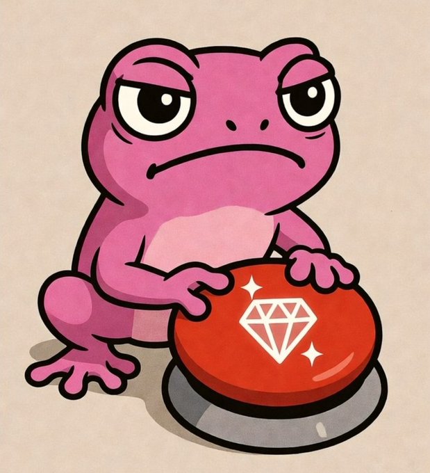 An illustration of a grumpy-looking pink frog pressing down on a red button adorned with a white diamond.