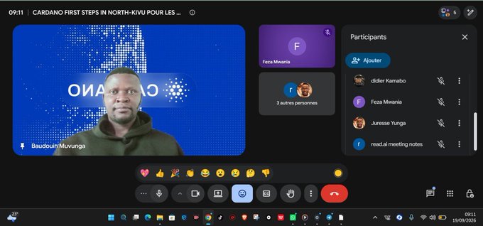 A screenshot of a Google Meet video call interface titled 'CARDANO FIRST STEPS IN NORTH-KIVU POUR LES...'. The main view shows a man with the 'CARDANO' logo behind him, labeled 'Baudouin Muvunga'. A participants panel lists 'didier Kamabo', 'Feza Mwonja', 'Juresse Yunga', and a 'read.ai meeting notes' bot.