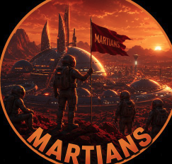 A circular sci-fi illustration showing an astronaut planting a red 'MARTIANS' flag on a rocky Martian landscape with dome habitats and towers in the background.