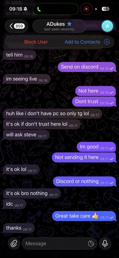 A screenshot of a Telegram chat with a user named "ADukes" (ID 859) who appears to be requesting items be sent off-platform via Discord, raising scam concerns. The conversation shows the recipient warning "don't trust" and insisting "Discord or nothing," matching the post's warning about the fake "ADukes" scammer.