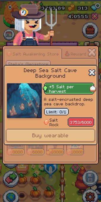 The image shows a screenshot of an animated video game featuring a woman character holding a shovel, standing next to a salt cave backdrop and a salt mine. The main focus of the image is on the screen where there's a text box that reads "Deep Sea Salt Cave Background" and another text box with numbers indicating the price range for a salt harvest within the game economy. This information suggests that the player has successfully completed a task related to salt harvesting in this specific level of the game, possibly earning points or resources as a reward. The screenshot captures an element from gameplay, showcasing how well-designed and engaging video games can be.
