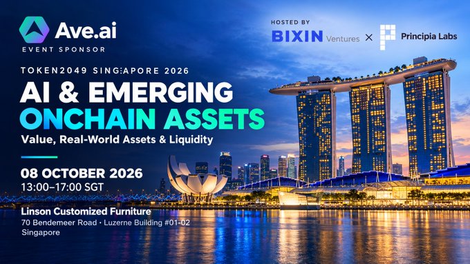 Event banner for 'TOKEN2049 SINGAPORE 2026 - AI & EMERGING ONCHAIN ASSETS' hosted by Bixin Ventures x Principia Labs on October 8, 2026.