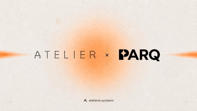 The image displays a promotional poster for the Atelier partnership with Parq. It showcases a vibrant orange background with black text that announces the partnership between these two entities. The poster also highlights the partnership's involvement in various financial markets, including trading cryptocurrencies such as Bitcoin and USDT (Digital token).

The main focus of the image is the title "Atelier Earn V1", indicating an ongoing live stream where Atelier will earn yield from trading UDSC, while Parq will provide liquidity pools and power tokenized stock perps. The partnership aims to create a new breed of investors by enabling them to invest in various markets directly through smart contracts, creating a seamless investment experience for users.