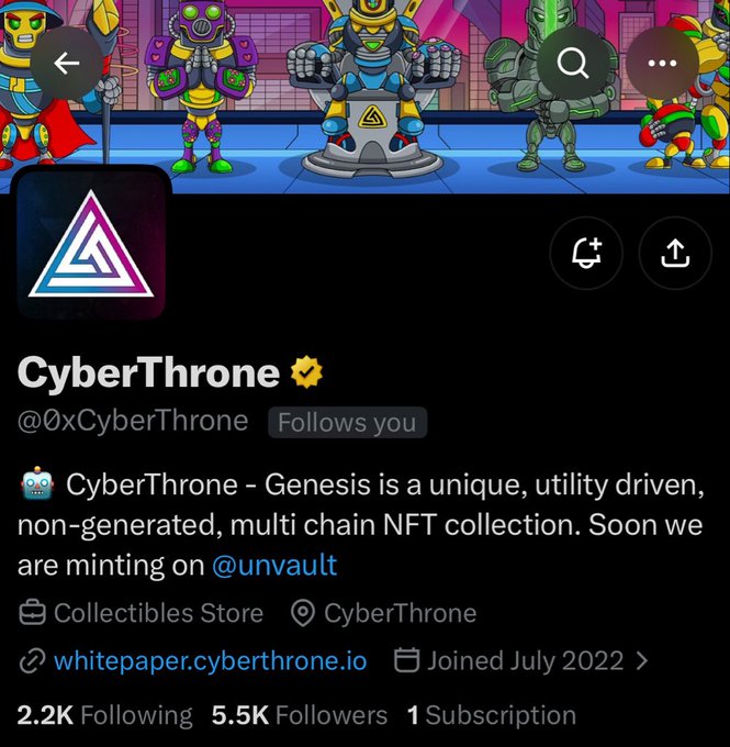 Twitter profile page for 'CyberThrone' (@0xCyberThrone), a verified NFT collection account with 5.5K followers, featuring banner art of robot characters and announcing an upcoming mint on @unvault.