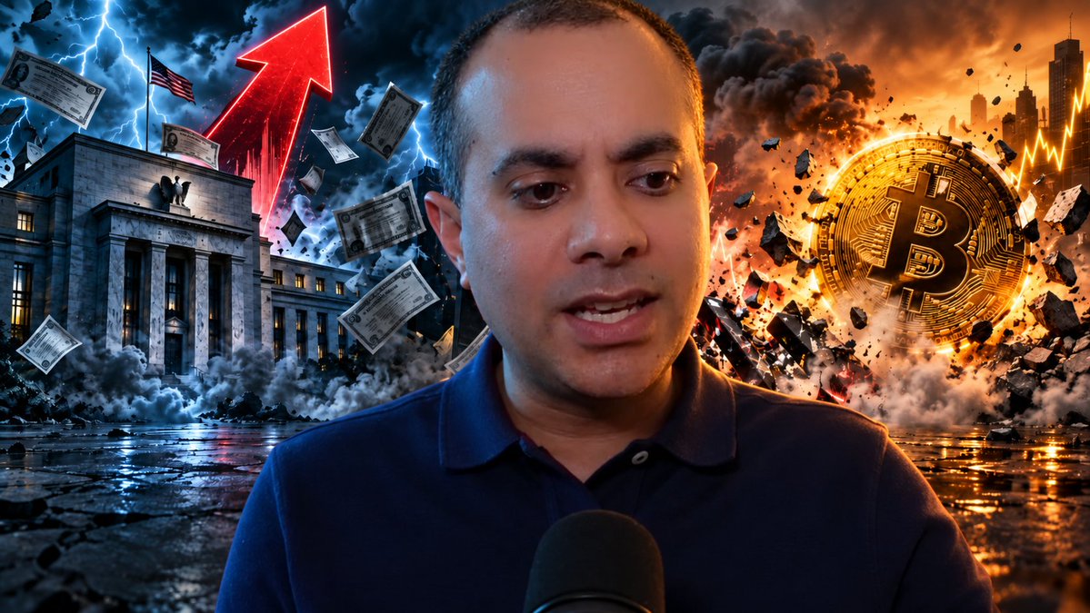 A man in a blue polo shirt speaks into a microphone against a dramatic backdrop featuring the Federal Reserve building with a red upward arrow and flying dollar bills on the left, and a large Bitcoin coin amid fiery explosions on the right. The imagery symbolizes the economic tensions and financial market uncertainty discussed in the accompanying post about the upcoming CPI inflation report and its potential impact on the Federal Reserve's September meeting decision.