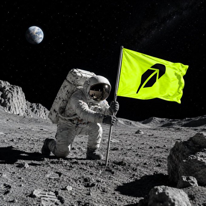 An AI-generated image depicts an astronaut in a white spacesuit planting a bright green flag with a black rocket logo on a lunar surface, with Earth visible in the starry sky.