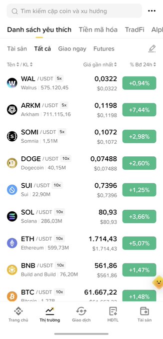 A screenshot of a Binance cryptocurrency watchlist showing favorite coins with their current prices and 24-hour gains, featuring BTC at $61,667.22 (+1.48%), ETH at $1,714.43 (+5.07%), BNB at $561.86 (+1.47%), SUI at $0.7396 (+1.25%), SOL at $80.93 (+3.66%), DOGE at $0.07488 (+2.60%), WAL at $0.0322 (+0.94%), ARKM at $0.1198 (+7.44%), and SOMI at $0.1072 (+2.98%), illustrating the user's curated list of altcoins and major cryptocurrencies to track and invest in.