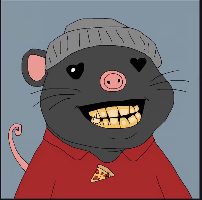 A cartoon illustration of a dark gray rat wearing a gray beanie and red polo shirt, smiling widely to reveal yellow teeth, with heart-shaped eyes and a pizza slice on its shirt.
