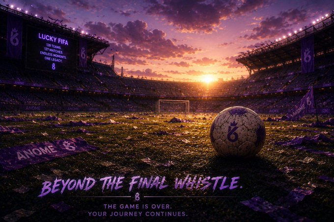 A dramatic soccer stadium scene at sunset featuring a worn soccer ball on the field with purple banners reading 'ANOME' and a sign for 'LUCKY FIFA' displaying '127 MATCHES, ENDLESS MOMENTS, ONE LEGACY', with the tagline 'BEYOND THE FINAL WHISTLE. THE GAME IS OVER. YOUR JOURNEY CONTINUES.'