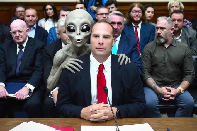 A man in a black suit and red tie sits at a wooden witness table before a microphone, with a classic gray alien figure perched on his shoulders and placing its hands on him, while a room of onlookers—including a man in a dark shirt with visible arm tattoos—watches from behind. The surreal pairing of the extraterrestrial with the testifying figure fits the post's "Feeling Tranchy once again," suggesting a playful, otherworldly aura around the moment.