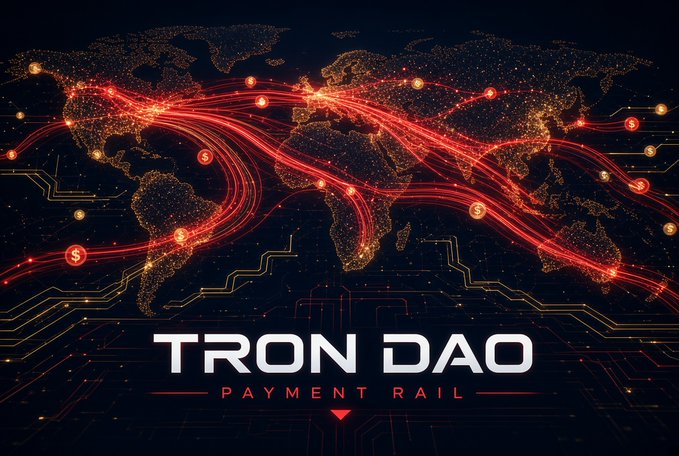 A promotional graphic for 'TRON DAO PAYMENT RAIL' showing a dark world map with glowing red network lines connecting cities and dollar sign icons across the globe.