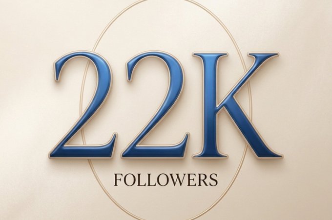 A decorative graphic featuring the text "22K FOLLOWERS" in large, blue, stylized lettering against a beige background with thin circular line accents.