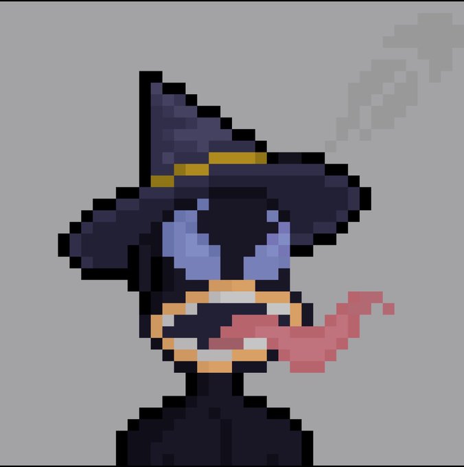 A pixel art character wearing a large purple witch hat and outfit, holding a pink glowing weapon.