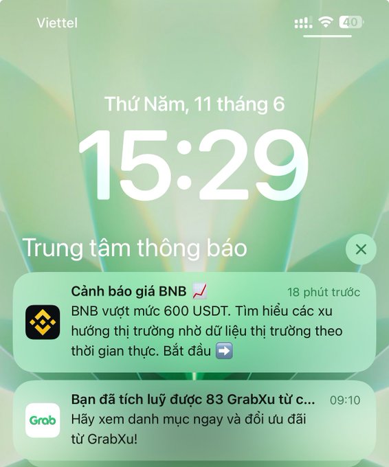 The image shows a phone screen displaying a message from someone named Ban Dit Thi Huyen. The message reads "Ban dit thi huyen", which translates to "I don't hold BNB myself, but honestly, BNB is pretty strong this season." The person who sent the message also mentioned that they are using an app called Grabx.