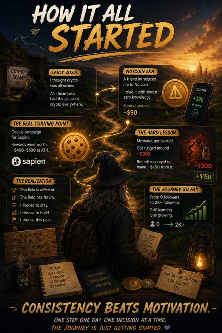 The image is an advertisement or poster featuring various elements related to the concept of cryptocurrency. The central focus of the poster appears to be a person wearing a witch's hat, likely representing a wise or knowledgeable figure in the world of digital currency. This character may symbolize someone who has been involved with crypto for some time and can provide valuable insights into this emerging technology.

The main text within the image states "How it all started", which serves as an attention-grabbing hook to capture viewers' interest. The poster also includes a quote that reads "Consistency beats motivation" from another individual, suggesting the importance of perseverance and dedication in learning about and investing in crypto currency.

Overall, this visual representation aims to convey the idea that anyone can learn about and invest in cryptocurrency with proper guidance and determination.