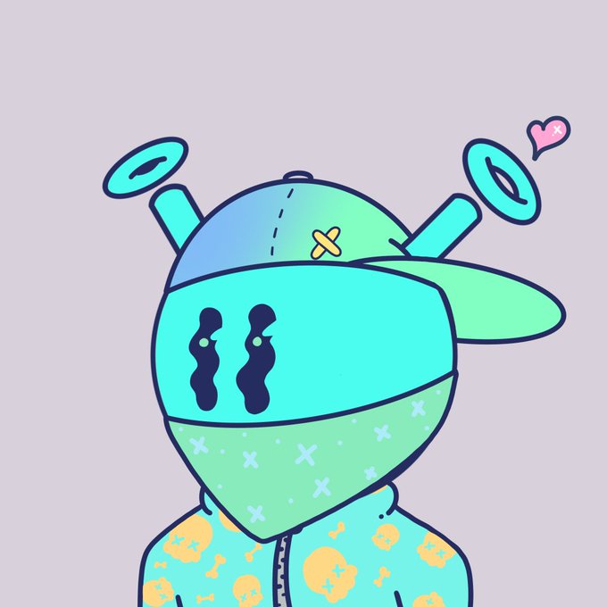 A colorful cartoon illustration of a turquoise robot character wearing a backwards cap with angel-like rings floating above, featuring black wavy eyes and a patterned jacket with a small heart in the corner.